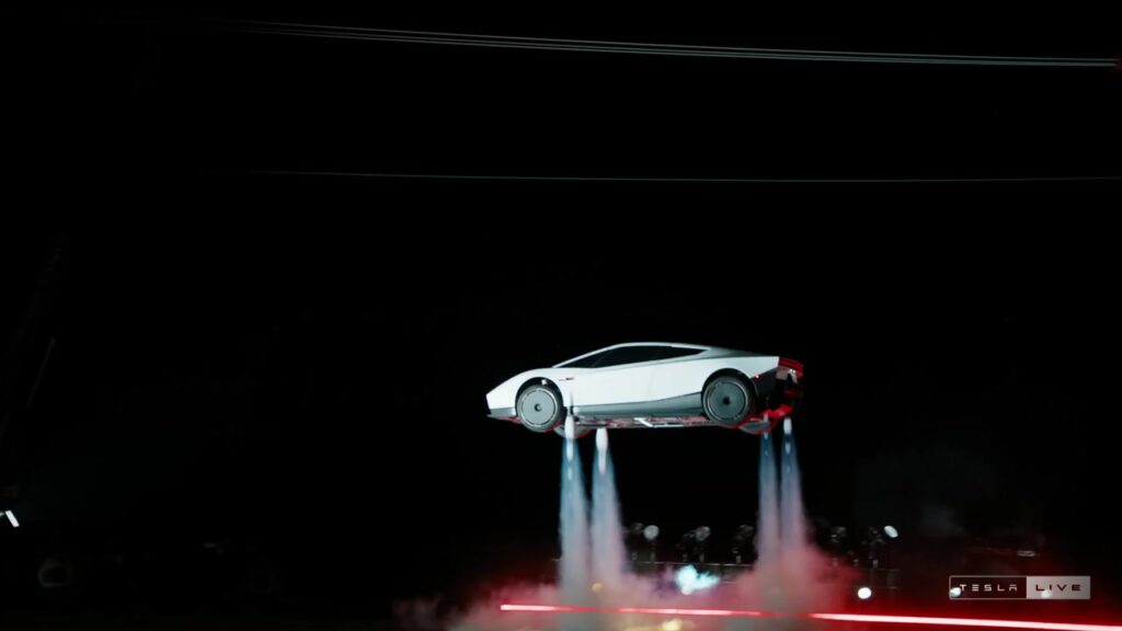Tesla 공식 원방송 16분 20초의 Roadster 공중 동작 시연. 차량 아래로 가스가 분사되는 장면.
